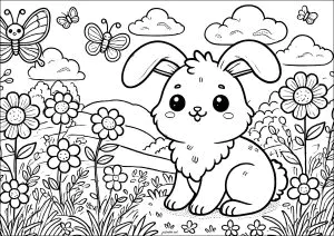 Cute little rabbit with flowers and butterflies