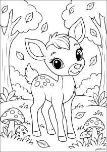 Fawn standing among the trees. A fawn stands in a clearing with mushrooms and leaves around it.