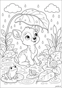 A fawn sheltering under a leaf during the rain