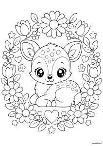 Charming fawn surrounded by flowers