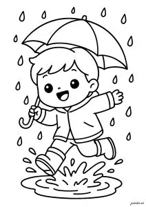 Little boy in the rain playing with splashes