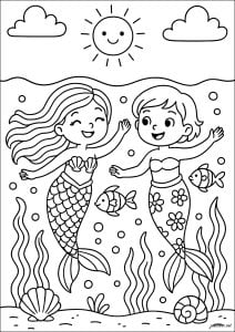 Underwater adventure with two happy mermaids. Two mermaids with bright smiles swim together in an ocean vibrant with life, surrounded by fish and sea plants. The sun shines brightly above, adding to the joyful atmosphere. Underwater adventure with two happy mermaids