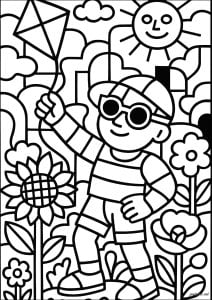Happy child with kite under the sun. A smiling child holds a colorful kite, surrounded by flowers and a sunny sky. Soft clouds float in the background. Happy child with kite under the sun