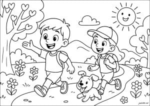 A joyful stroll with friends. Two smiling children walk along a path, accompanied by a cheerful dog. They are surrounded by flowers and a tree with heart-shaped foliage under a smiling sun. A joyful stroll with friends
