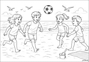 Soccer match on the beach. Four children play on the beach, running and laughing. A soccer ball floats in the air, while birds fly over the ocean. Soccer match on the beach