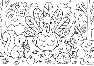 Happy turkey and his autumn friends