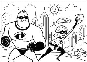 The Indestructible parents. Coloring with the two superheroes armed with courage, ready to defend the city. A dynamic cityscape with modern buildings and a smiling sun above. The indestructible parents