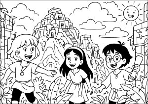 Mysterious ruins. Three children explore mysterious ruins under sunny skies, surrounded by lush vegetation. Mysterious ruins