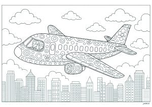 Plane over a city full of skyscrapers