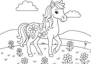 Pretty unicorn in a meadow with beautiful flowers Pretty unicorn in a meadow with beautiful flowers