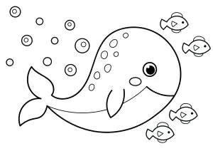 A Large Whale And Four Fish In Front Of Her