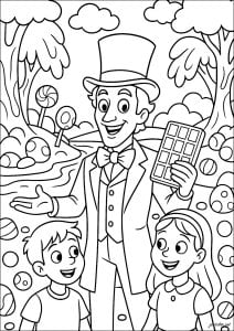 Willy Wonka in front of a river of chocolate. Willy Wonka in elegant costume presents a chocolate bar to two smiling children, surrounded by colorful treats and enchanted landscapes.
A river of chocolate flows behind. Willy wonka in front of a river of chocolate