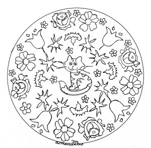 Mandala to print little cat and flowers