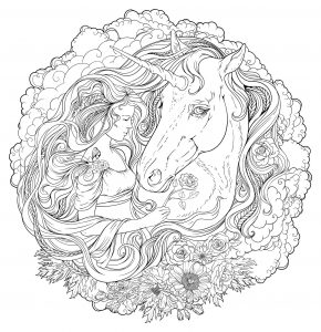 Mandala difficult unicorn and girl in clouds