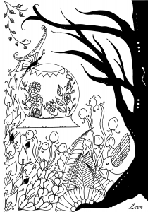 Coloring page flowers and vegetation tree