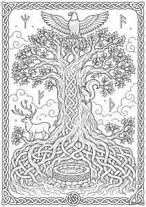 Yggdrasil - l’arbre-monde de la mythologie nordique. Ce coloriage inspiré de la mythologie nordique met en scène Yggdrasil, l’immense frêne cosmique qui relie les différents mondes de l’univers scandinave. Ses racines entremêlées, son tronc majestueux et les symboles runiques qui l’entourent évoquent toute la richesse des légendes vikings, tandis que les animaux présents rappellent les créatures associées à cet arbre sacré.