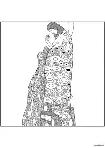 Femme debout et trois personnes endormies. Une femme debout avec les yeux fermés, entourée de motifs circulaires. Trois personnes endormies reposent en bas, leurs têtes appuyées les unes sur les autres.