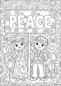 Enfants joyeux portant un panneau "PEACE" ("Paix)