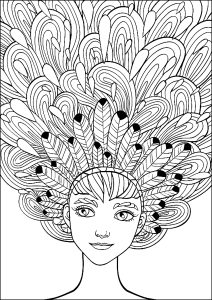 Coloriage femme cheveux plume