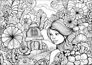 Coloriage femme village champignon