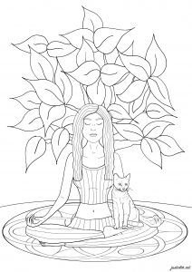 Coloriage femme yoga avec chat