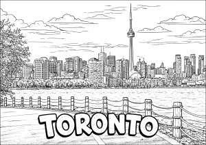 Skyline de Toronto. Vue panoramique de la ville de Toronto au Canada, avec ses gratte-ciels et l'emblématique tour CN dominant l'horizon. Le lac Ontario en premier plan apportent une touche de nature. Toronto, au Canada, est une métropole moderne et multiculturelle, connue pour son dynamisme économique et sa skyline emblématique.