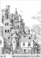 Coloriage adulte chateau dans un village