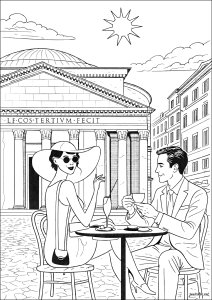 Café en terrasse sous le soleil devant le Panthéon de Rome