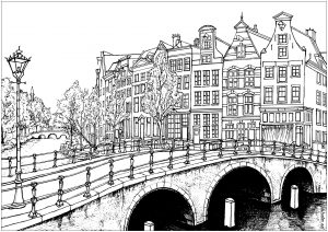 Coloriage maisons et ponts amsterdam