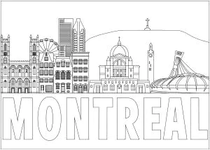 Coloriage créé à partir des monuments les plus emblématiques de Montréal, avec le Mont-royal en arrière plan