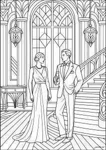 Rencontre élégante dans un hall majestueux. Deux personnes en tenue de soirée discutent devant un grand escalier dans un hall richement décoré au style parfaitement Art Déco. Les détails architecturaux ajoutent une touche de sophistication.