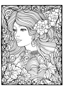 Coloriage femme et cadre et femme art nouveau