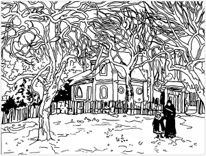 Coloriage inspiré d'un tableau de Camille Pissaro : Marronniers à Louveciennes