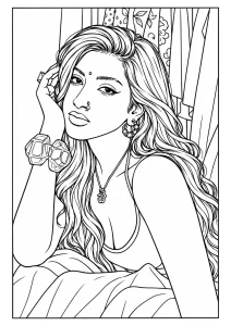 Portrait glamour bollywood. Jeune femme la tête appuyée sur la main, cheveux longs ondulés, bindi et anneau nasal, bijoux volumineux (gros bracelet, boucles d'oreille, pendentif Om) et tissus à motifs en arrière-plan.