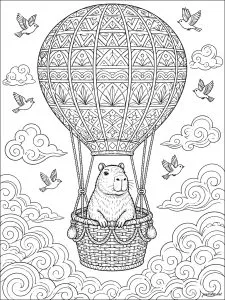 Capybara dans une montgolfière. Un capybara assis dans un panier de montgolfière décorée, entouré de nuages et d'oiseaux en vol.