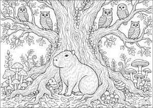 Capybara au pied d'un arbre avec des hiboux