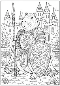 Capybara en armure devant un château
