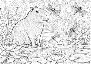 Capybara assis près des nénuphars