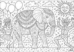 Éléphant Majestueux du Carnaval. Un éléphant orné de guirlandes et de motifs festifs trône au cœur d'une fête joyeuse. Des danseurs en costumes et masques élaborés s'amusent sous une pluie de confettis et un ciel ensoleillé. Éléphant majestueux du carnaval