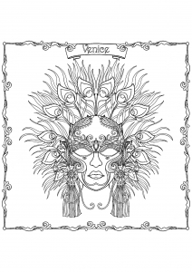 Coloriage masque venitien avec plumes et ornements