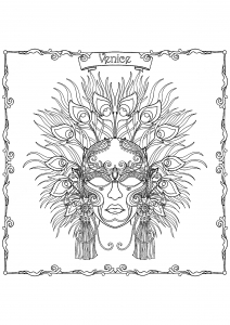 Coloriage masque venitien avec plumes et ornements