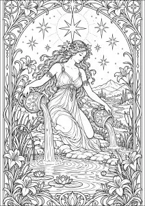 L’Étoile. Une figure céleste verse l’eau de deux amphores dans un bassin paisible, sous une pluie d’étoiles. Un coloriage apaisant et poétique.