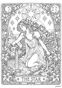 L’Étoile. Une carte de tarot inspirée de l’arcane de L’Étoile, représentant une femme agenouillée au bord de l’eau sous un grand astre lumineux. Entourée de fleurs, d’étoiles et d’ornements célestes, la scène symbolise l’espoir, l’inspiration, la sérénité et le renouveau.