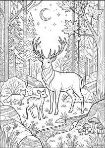Cerf, son Faon et un petit renard sous la Lune