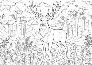 Cerf majestueux dans une magnifique forêt. Un cerf imposant aux bois complexes se dresse fièrement au cœur d'une forêt magique, entouré de fougères délicates et de fleurs sauvages. Les arbres élancés et la lumière douce qui traverse le feuillage créent une atmosphère paisible et mystérieuse. Cerf majestueux dans une magnifique forêt
