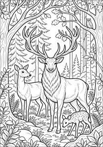 Cerfs debout dans la forêt avec petit hibou sur une branche. Deux cerfs se tiennent entre les arbres, un faon marche près d'eux et un hibou est perché sur une branche.