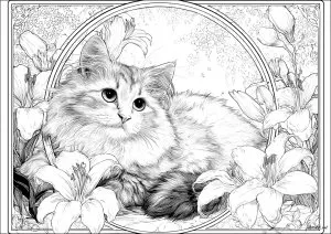 Joli chat style retro. Cette illustration met en avant un chat calme, entouré de jolies fleurs, créant une ambiance paisible et accueillante. Joli chat style retro