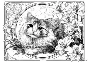 Douceur féline parmi des fleurs. Cette illustration met en scène un chat au pelage soyeux reposant parmi des fleurs élégantes, capturant un moment de calme et de beauté. Douceur féline parmi des fleurs