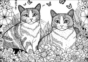 Coloriage deux chats et fleurs et papillons lignes epaisses