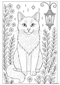 Chat mystérieux sous une lanterne